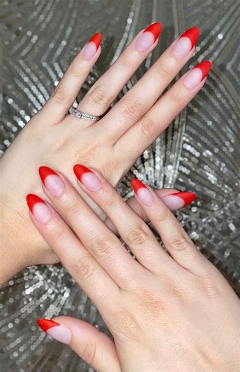 almond shaped nails red french tip|almond french tip acrylic nails.